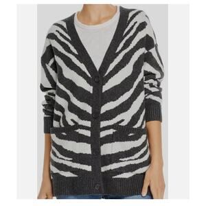French Connection Womens Gray White V-Neck Zebra Wool Cardigan Sweatshirt SMALL